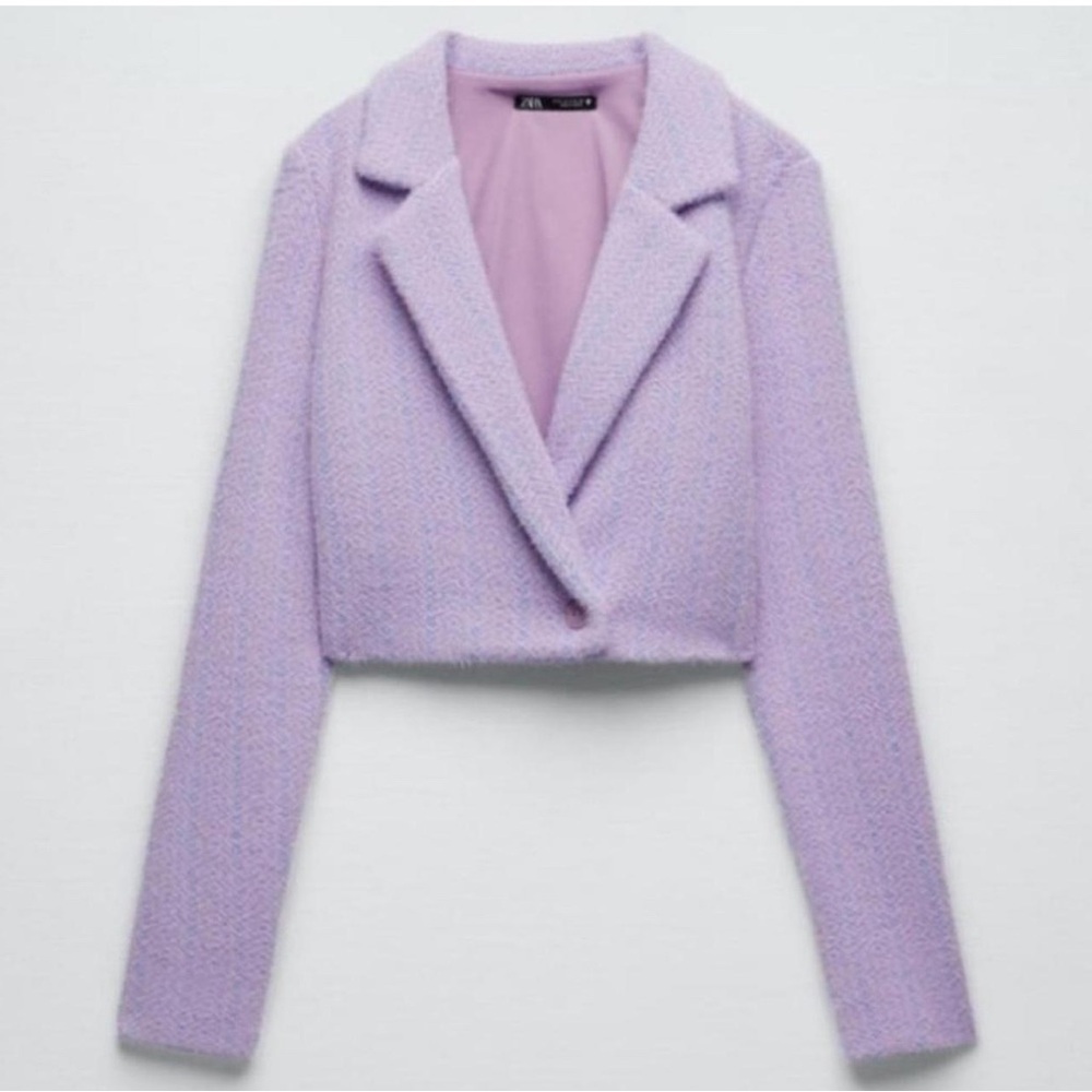 Zara Soft Fuzzy Crop Sweater Blazer Jacket Lilac Pastel Coquette Womens Medium